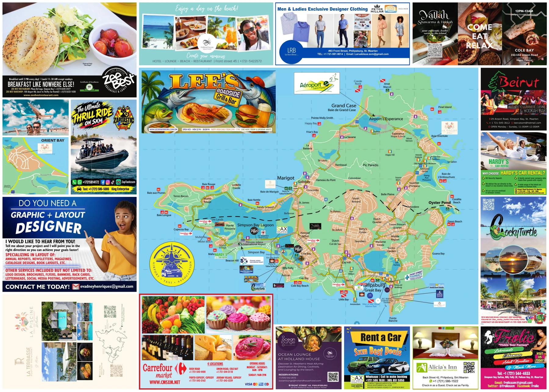 ATA Island Map, 2026 edition, side 2: Sint Maarten and Saint Martin island map and advertisers