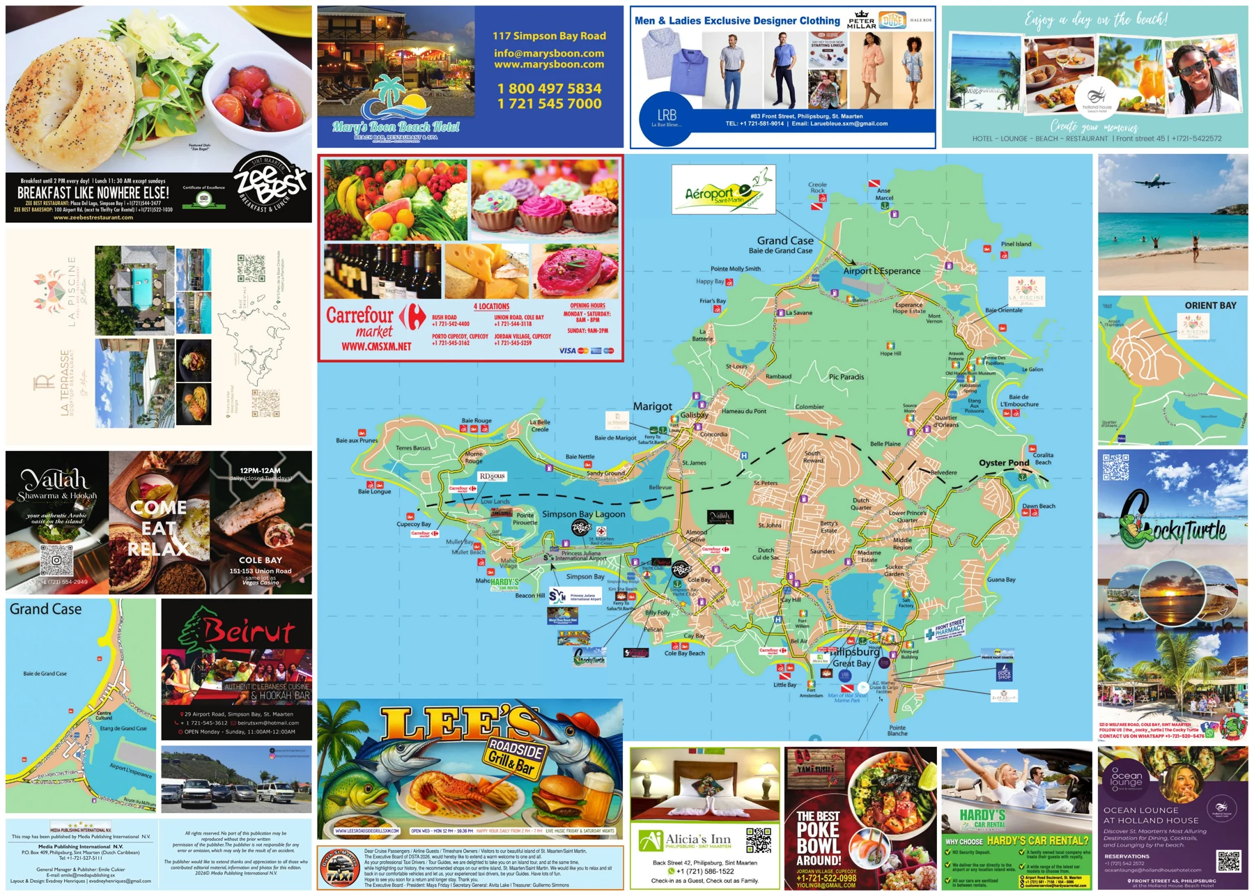 DSTA Island Map, 2026 edition, side 2: Sint Maarten and Saint Martin island map and advertisers
